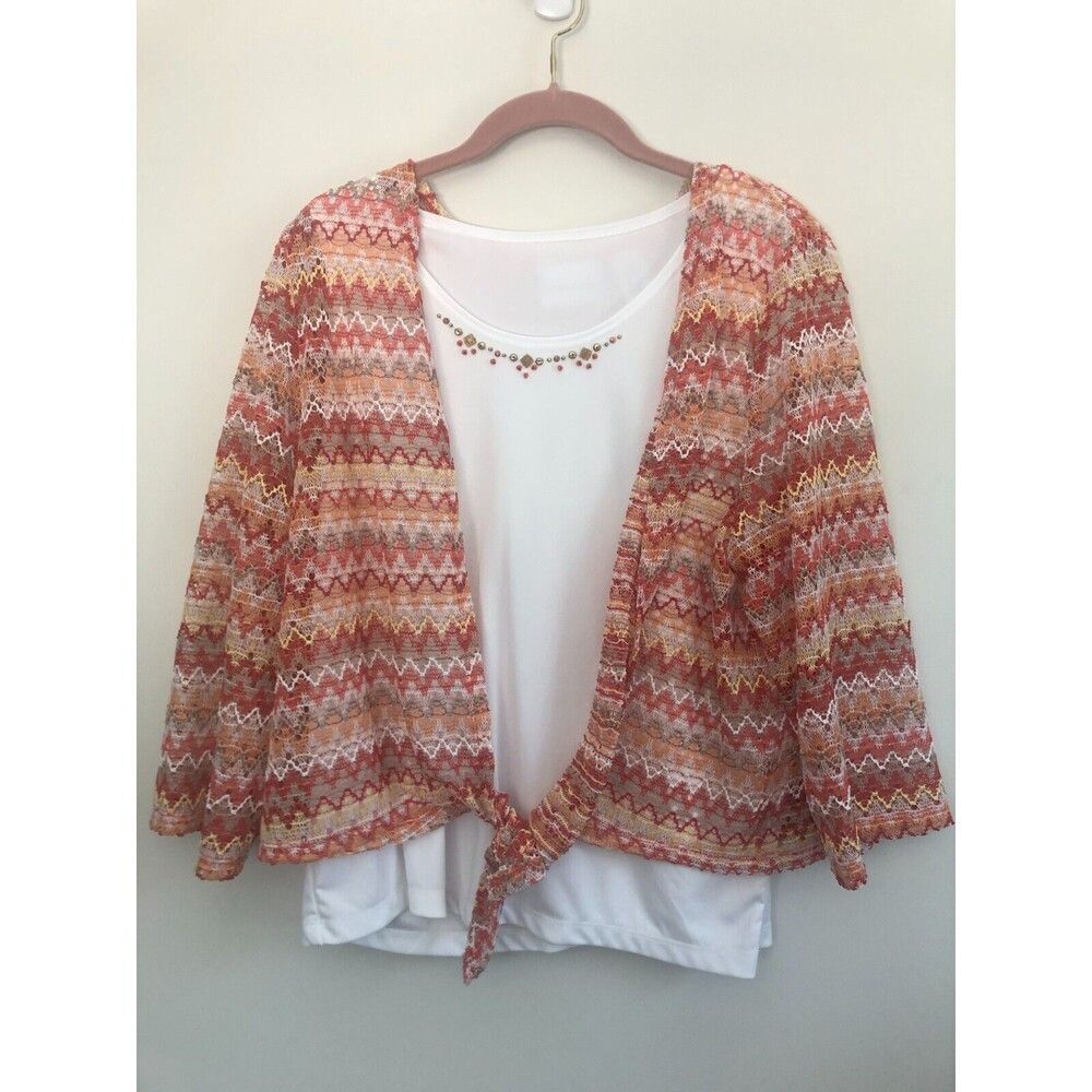 ALFRED DUNNER Womens Cardigan/Tank [connected] Set Sz M Beaded Chevron Colorful